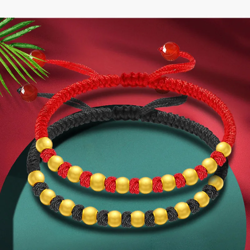 

1pcs Pure Gold Bracelet Women's Real 24K Yellow Gold Matte Bead 4mm Gold Bead Knitted Black String Lover Bracelet