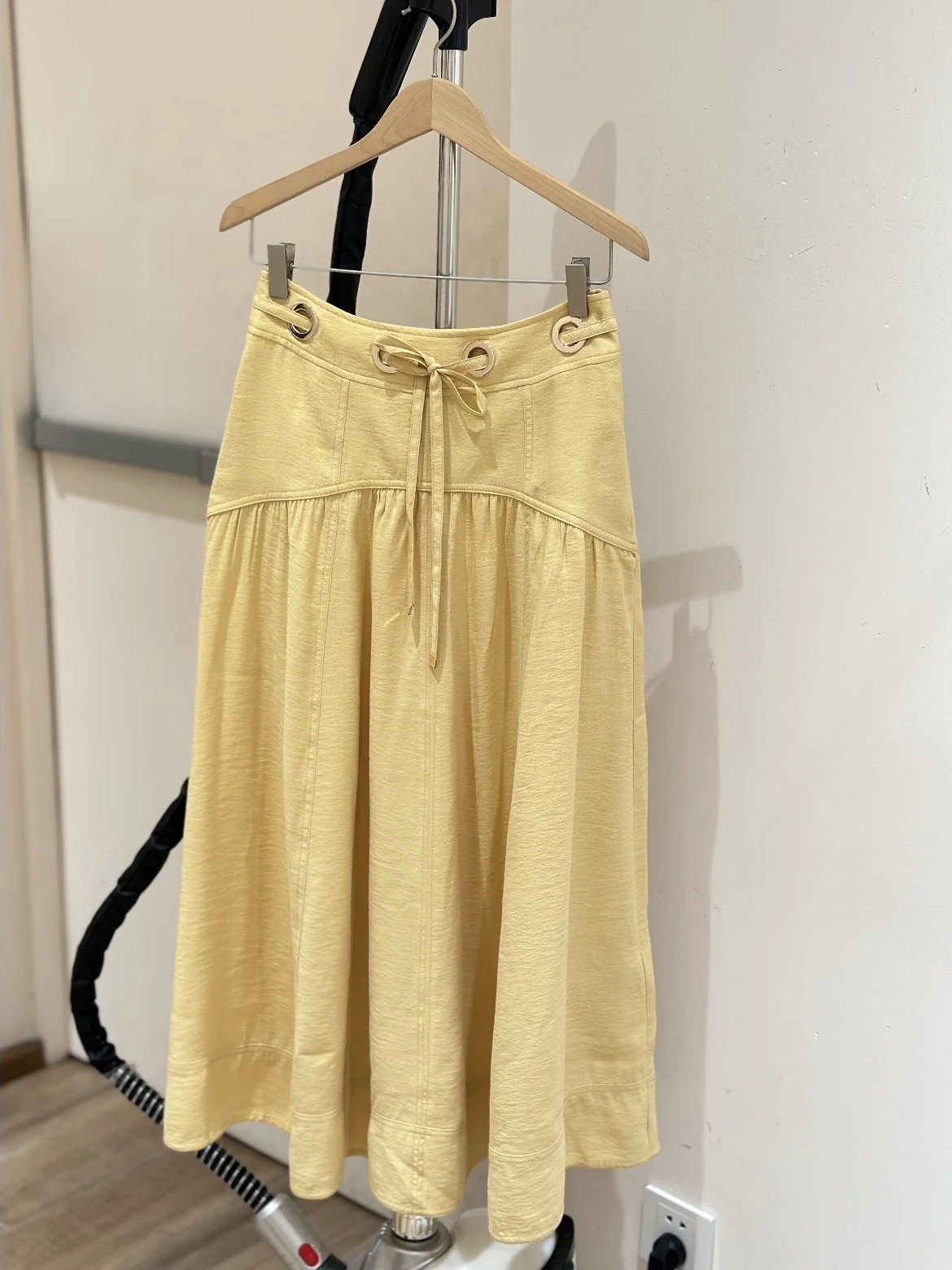 Heidd Spring Summer Yellow Midi Skirt Belted Ring Decorative Versatile Mid-Length A-Line Cotton High Waist Women's Skirt