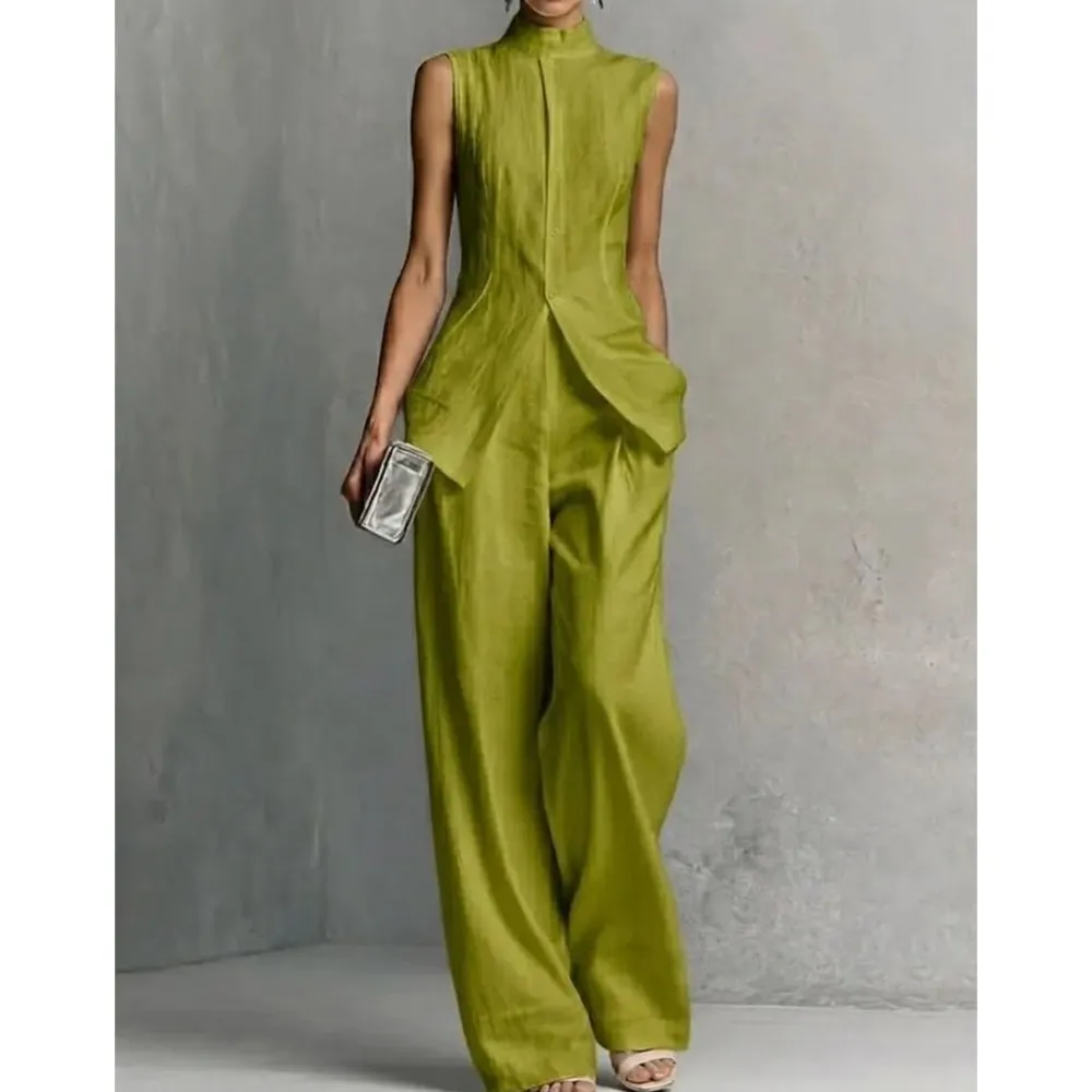 Fashion Stand-up Collar Sleeveless Tops Trousers 2 Piece Set Summer New Slim Elegant Wide-leg Trousers Female Office Suit 2026 - view 5
