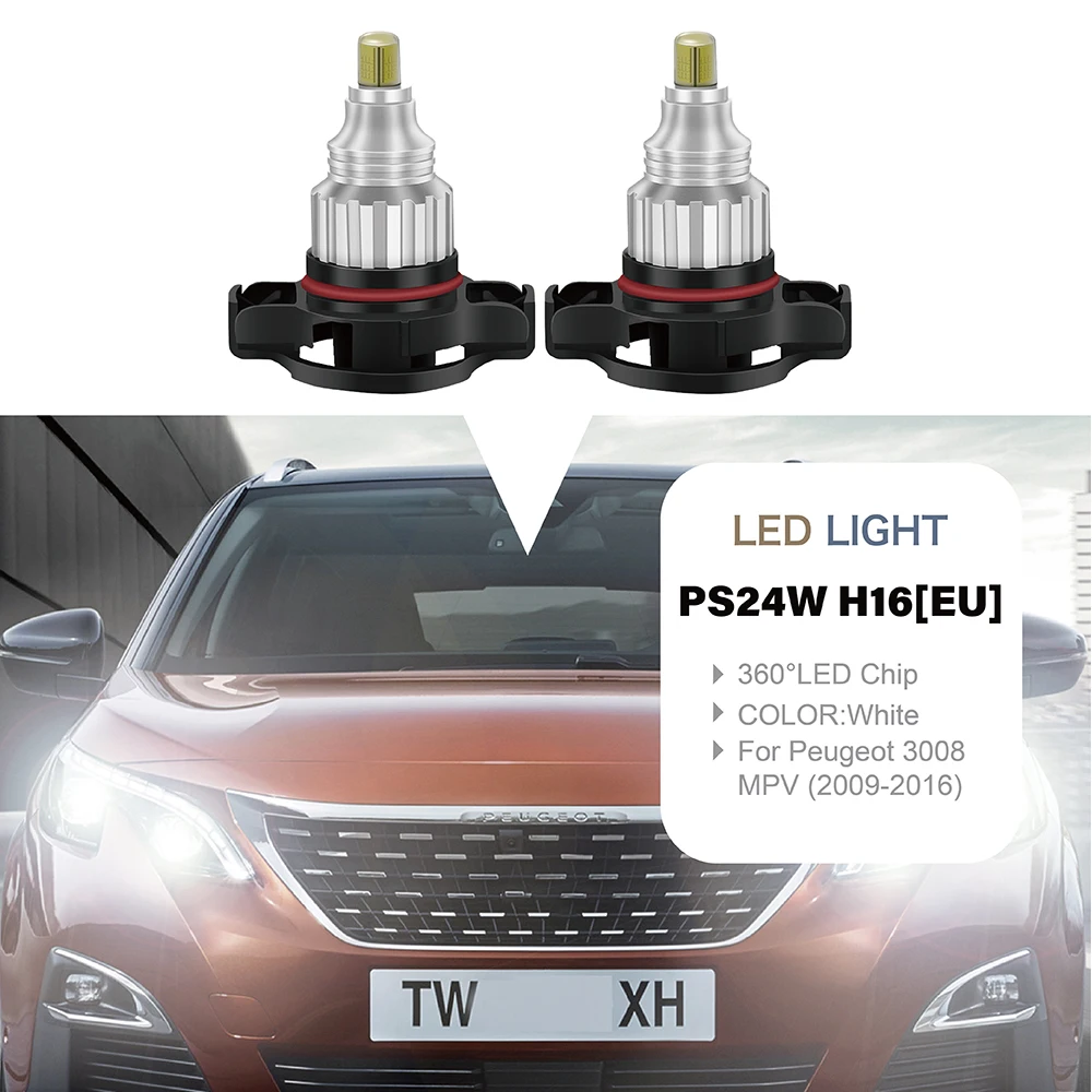SUNKIA 2Pcs/Set 360° Auto Car LED Light Headlight Bulb For Peugeot 3008 MPV (2009-2016) PS24W H16(EU) 5201 5202