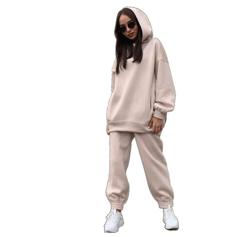 Faionable  Color Hoodie Sweatirt Casual Two-Piece Set Street Sle High Waist Dr Thi Long Sve for Autumn Winter