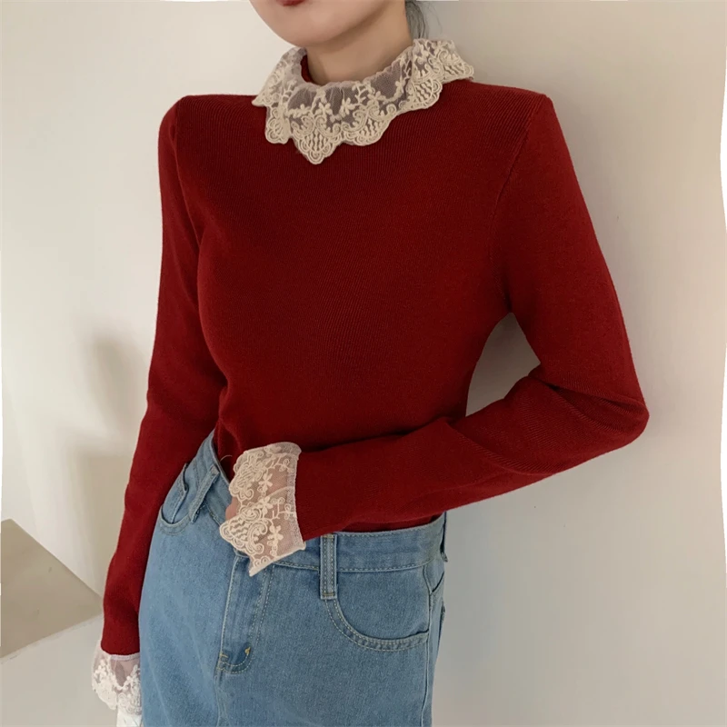 Turtleneck Knitwear Women Sweater Autumn Winter Lace Patchwork Pullover Long Sleeve Korean Casual Bottom Knitted Tops