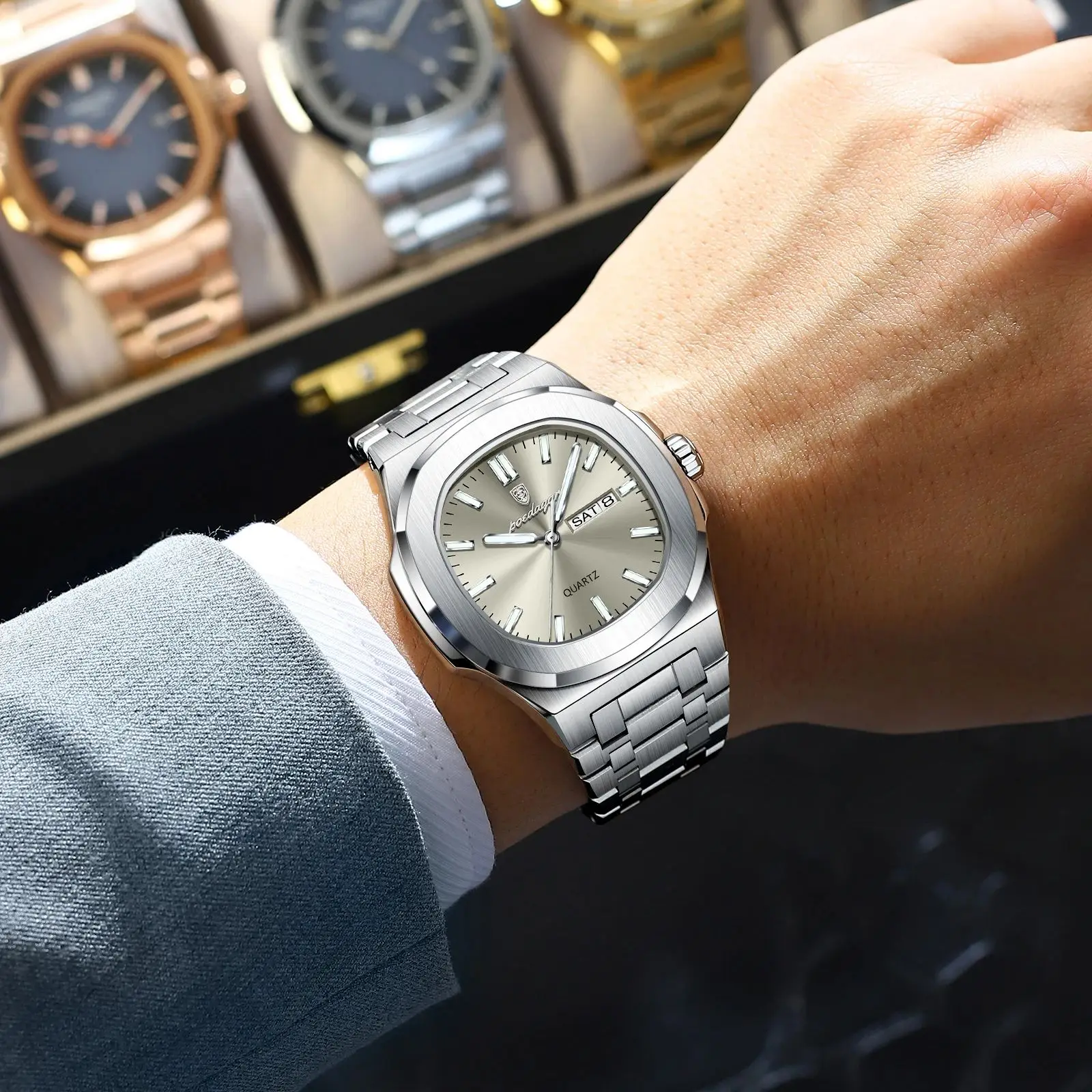 POEDAGAR العصرية ساعة اليد عادية للرجال تاريخ الأسبوع الفولاذ المقاوم للصدأ رجل ساعة مضيئة مقاوم للماء الفاخرة الكوارتز الرجال الساعات + صندوق