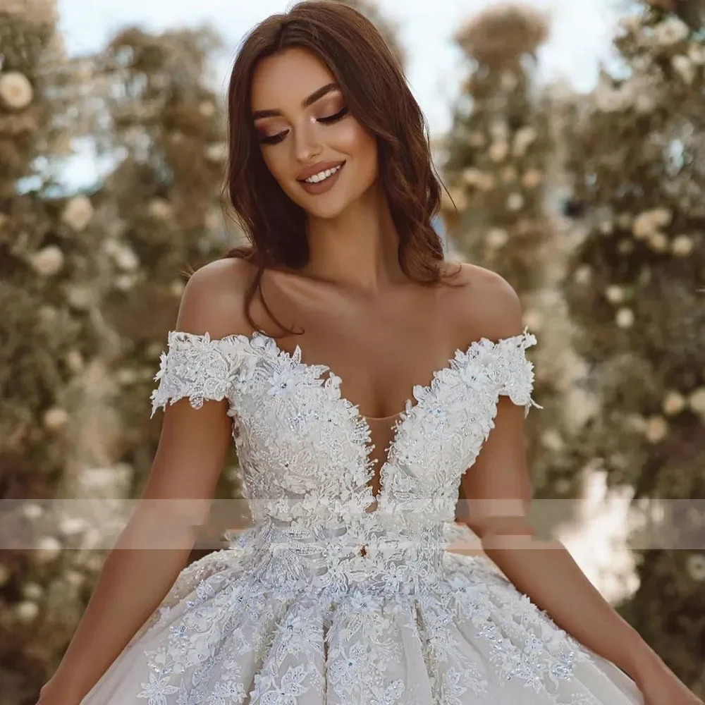 Vestido de casamento sem ombro com apliques de renda, vestido de noiva com decote em v, cristal branco, clássico espumante para senhoras, lindo, novo