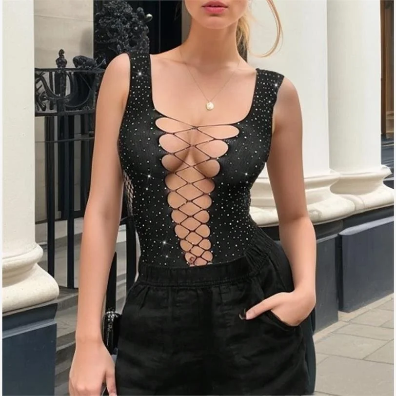 

High Elastici Nightclub Bar Hot Girl Fla Diamond Inner Wear Vest High Elastici One-Piece Clothes Net Clothes