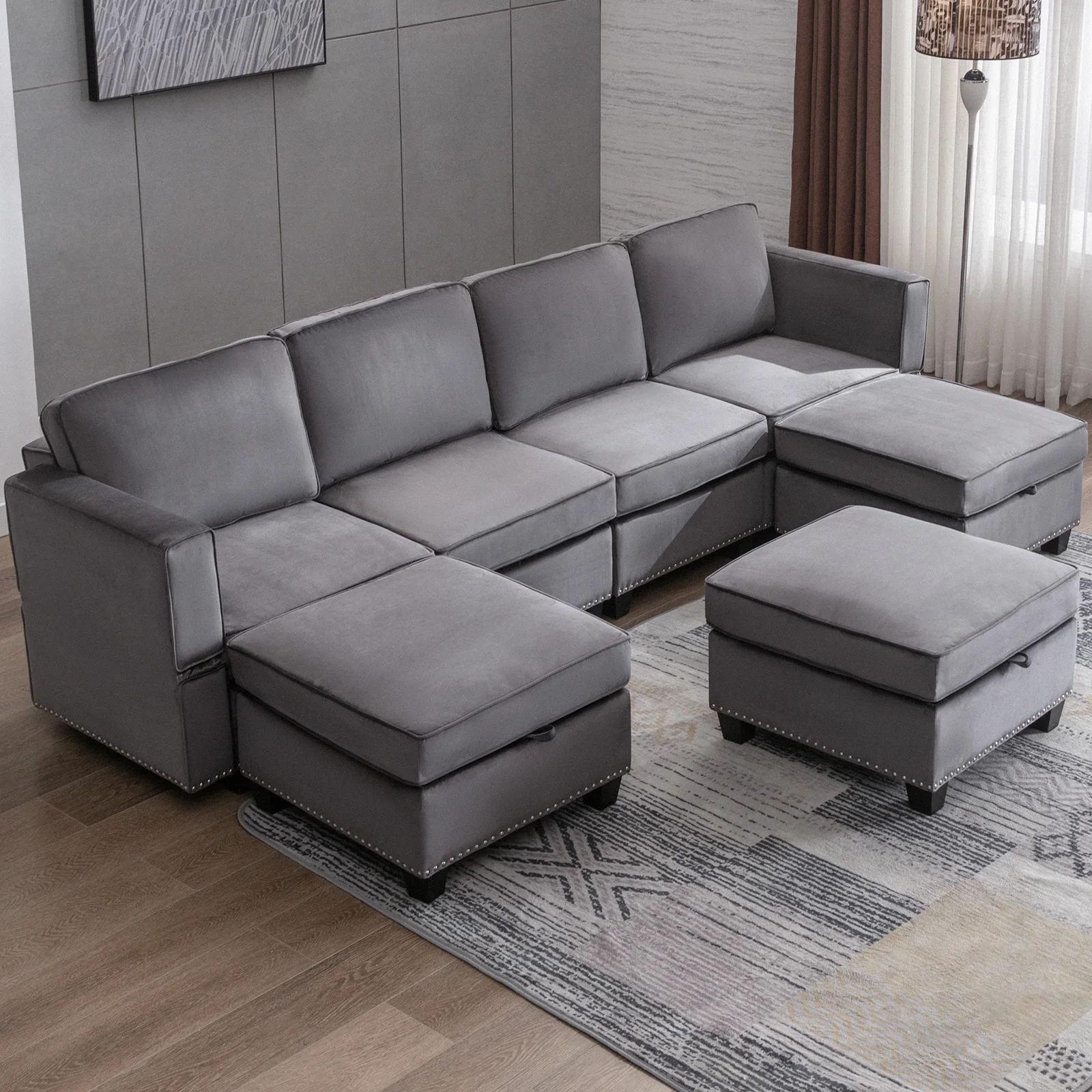 HORGAEO Sectional Sofa, 4 Seat Modular Comfy Couch with 3 Storage Ottomans, Convertible L Shaped U Shaped