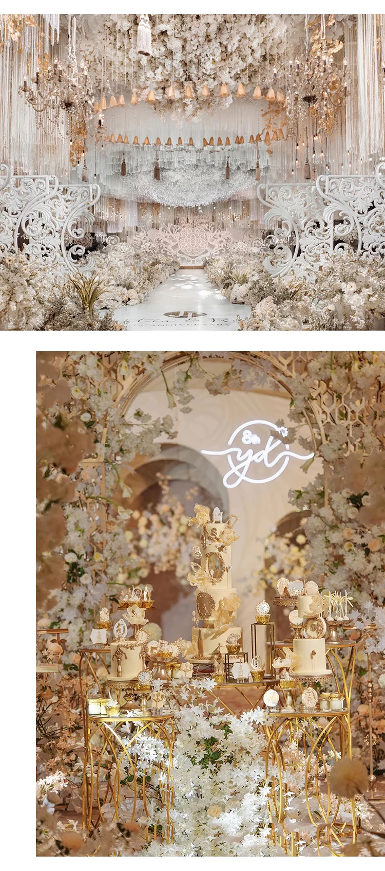 5D Lichtfarbe Champagner Künstliche Blumen Hochzeitsdekoration Hängende Hornblumenreihe Begrüßungshintergrund Requisiten Wegführung Blumen – Detail 2