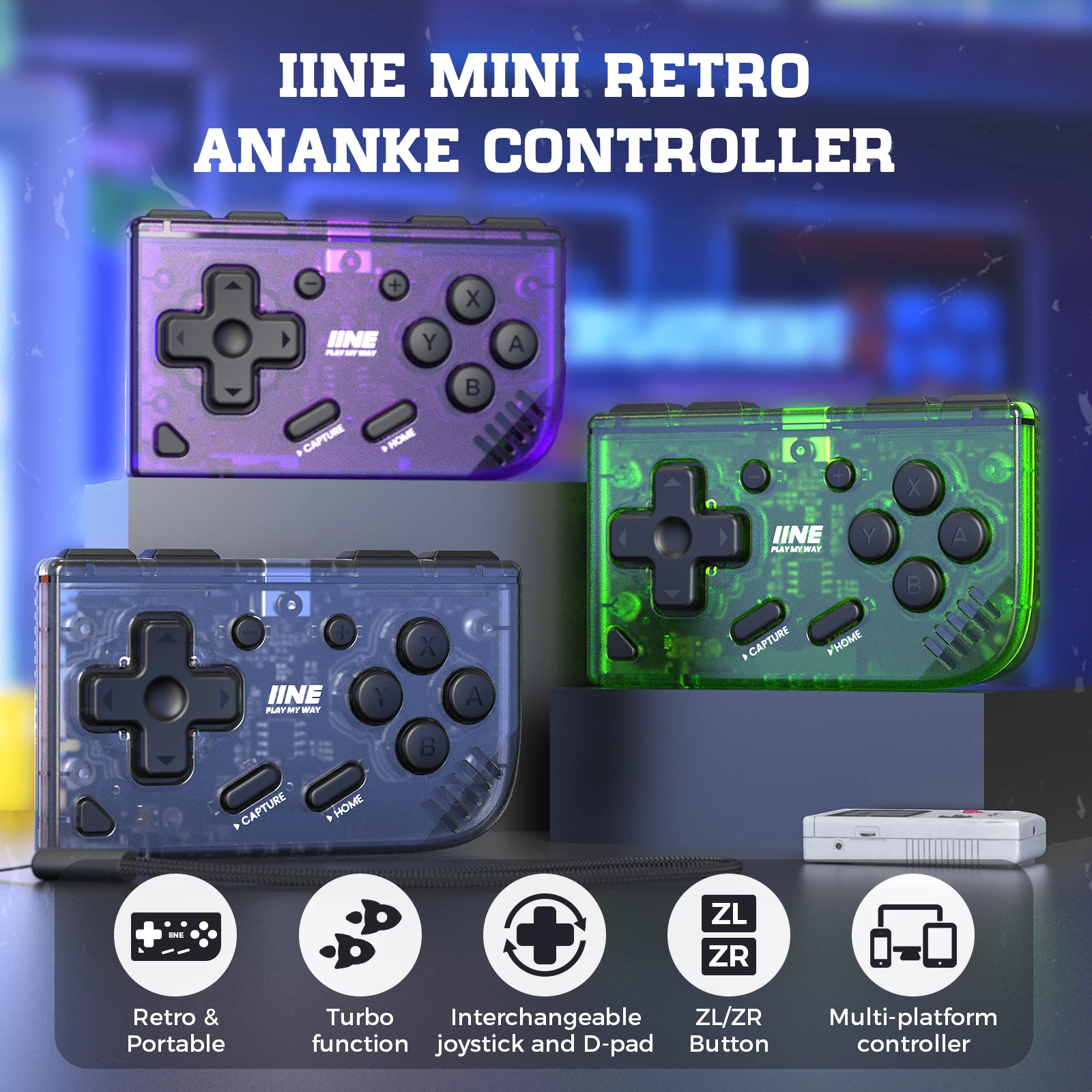 

Ретро-контроллер IINE Mini Ananke с функцией Turbo, сменными джойстиками и D-pad, мультиплатформенный контроллер, кнопки ZL и ZR.