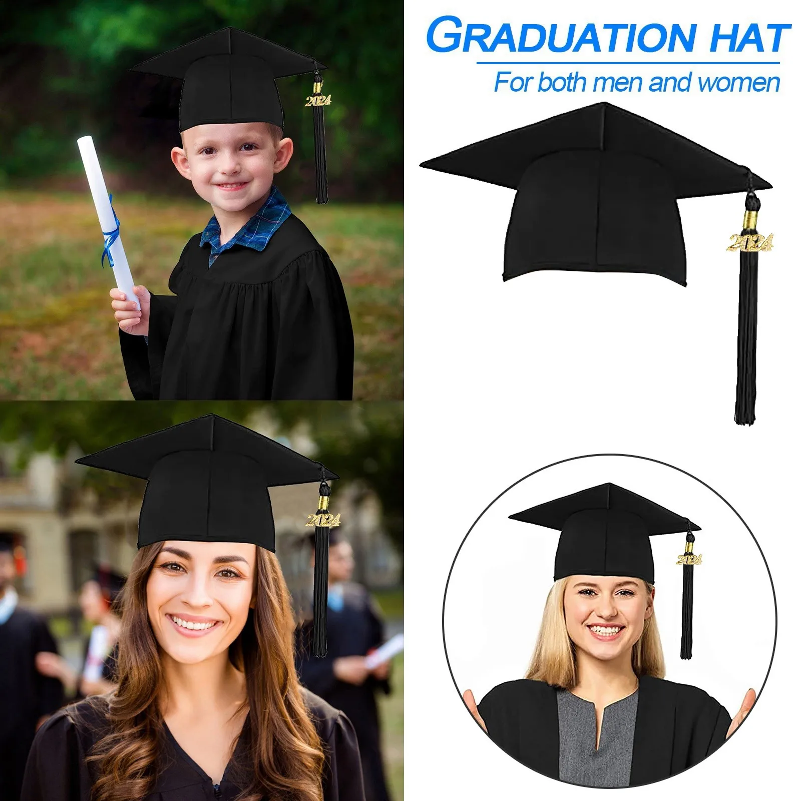 Graduation Hat For Adult 2024 Black Academic Bachelor Cap With Tassels School Congratulation Graduation Ceremony Party Supplies