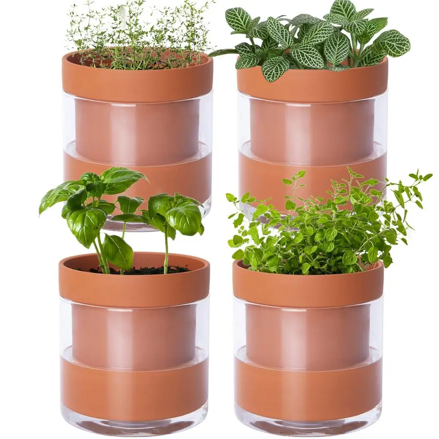 

Набор из 4 самополивающихся горшков для растений, 4 дюйма, терракотовые, с стеклянным резервуаром, для комнатных растений, трав, цветов