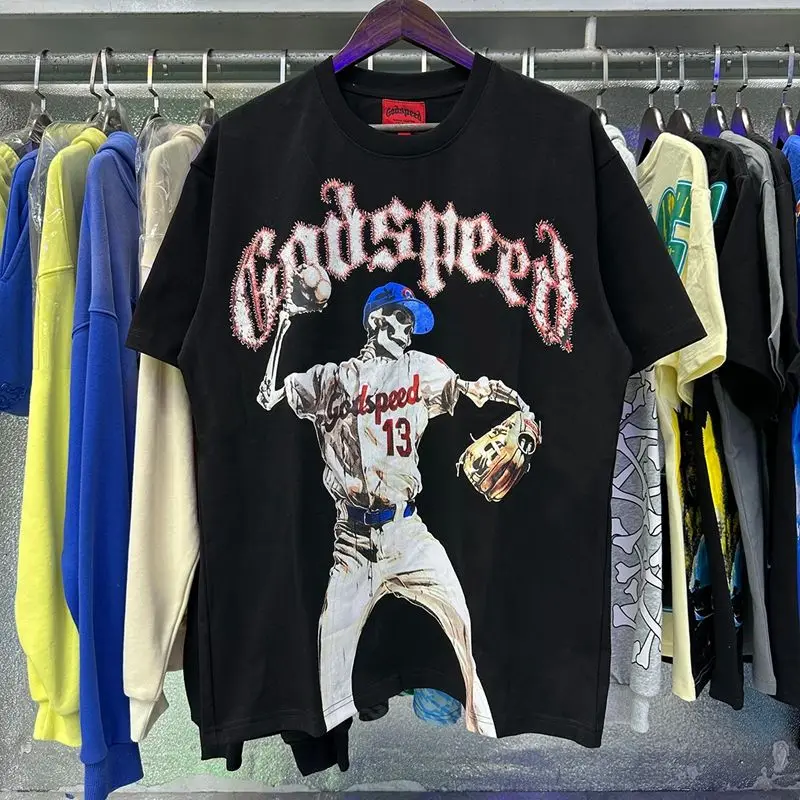 

2025 Meichao Godspeed Skull Baseball Player No. 13 Printed Youth Summer Popular Personality Cotton Short Sleeve T-Shirt Popular