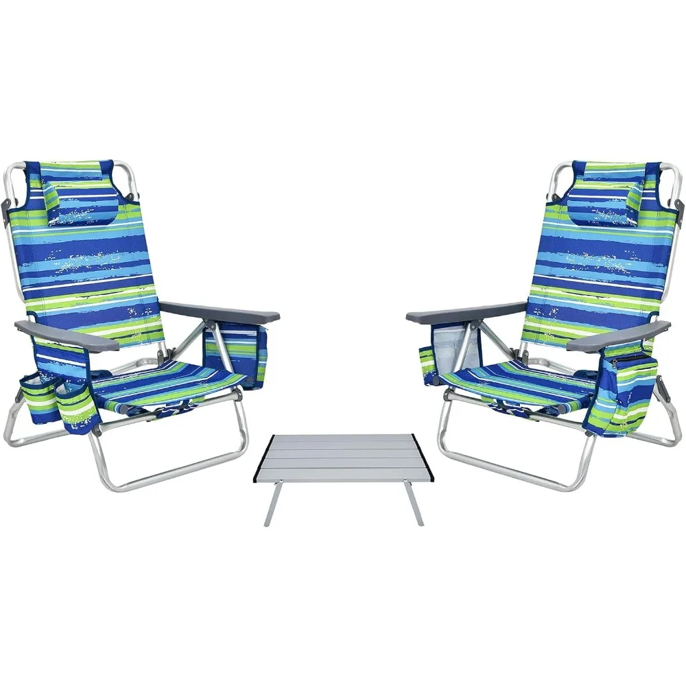 

Folding Beach Chair, Patio Sling Chairs with 5 Adjustable Position, Head Pillow, Storage Bag, Towel Bar, Cup Holders, Backpack