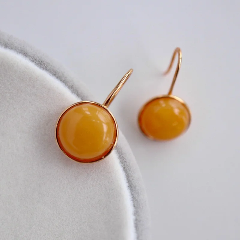 Natural Wax High Heel Shoes S925 Sterling Silver Inlaid Old Amber Ear Hooks Extremely Round Stud Earrings