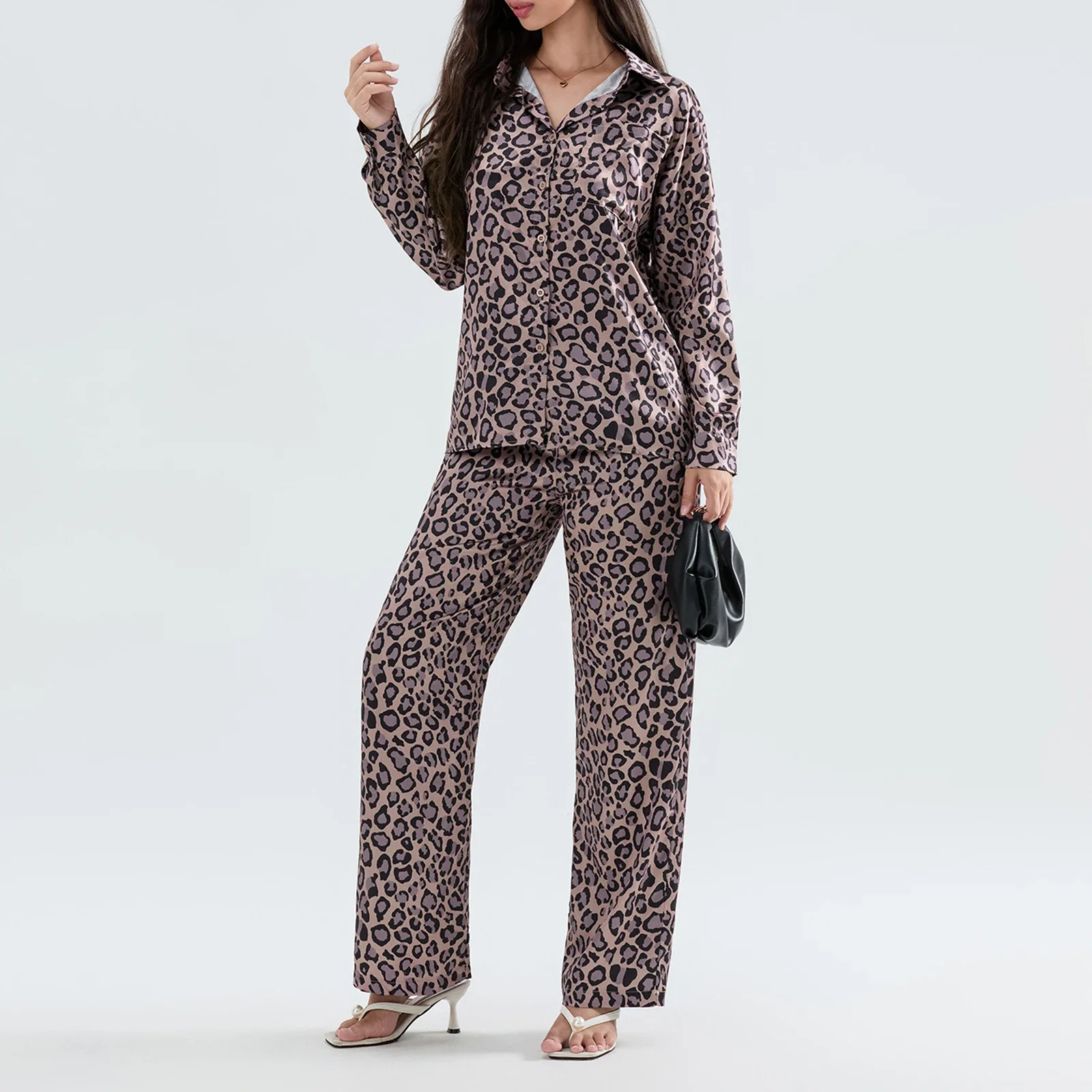 Hirigin-Conjunto de pijama con estampado de leopardo para mujer, ropa de dormir de manga larga con botones, pantalones, y2k, 2024