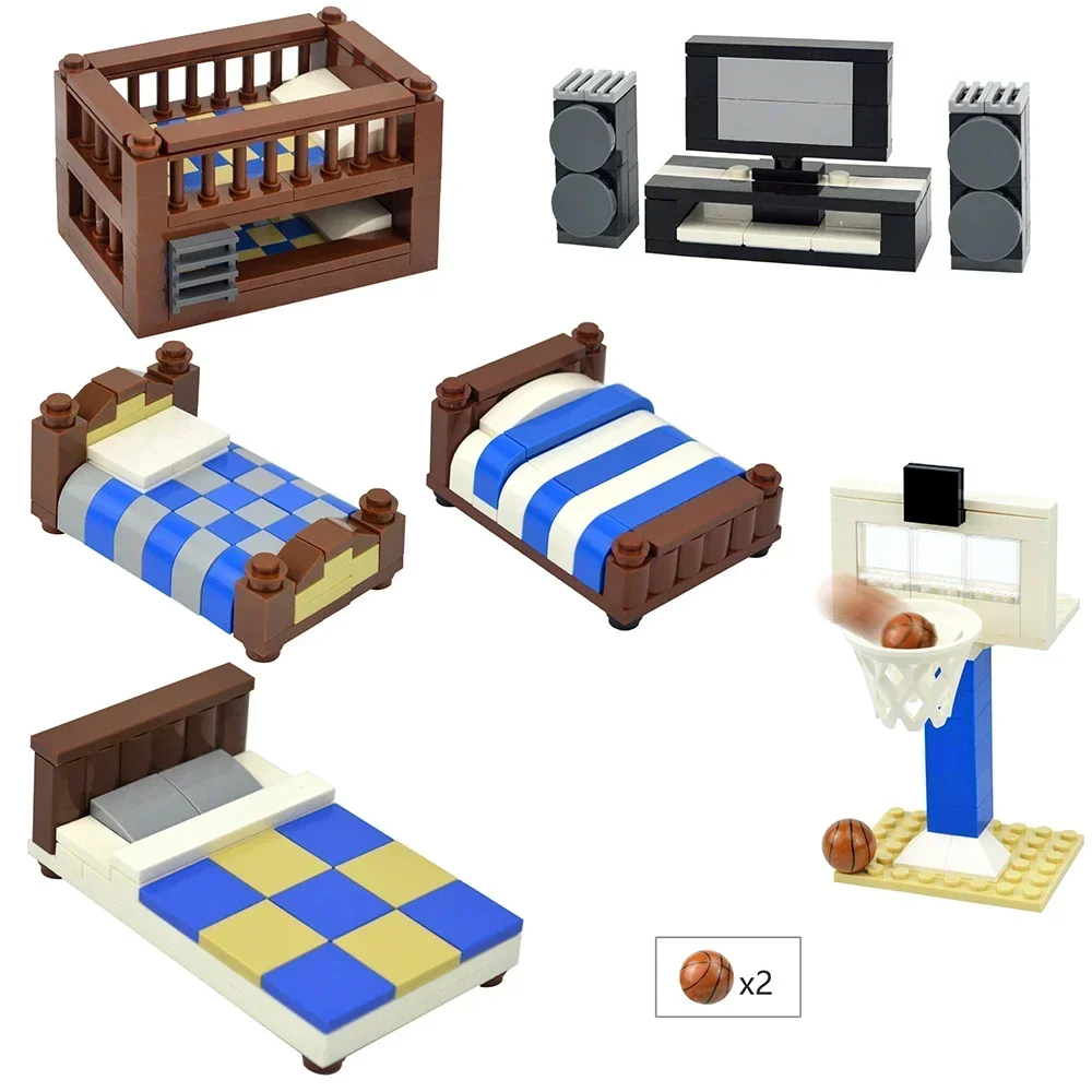 City Furniture Bed Series Creative Bricks TV Kitchen Bedroom Bathroom Parts Basketball Stand DIY Kits Kids Toys Building Blocks