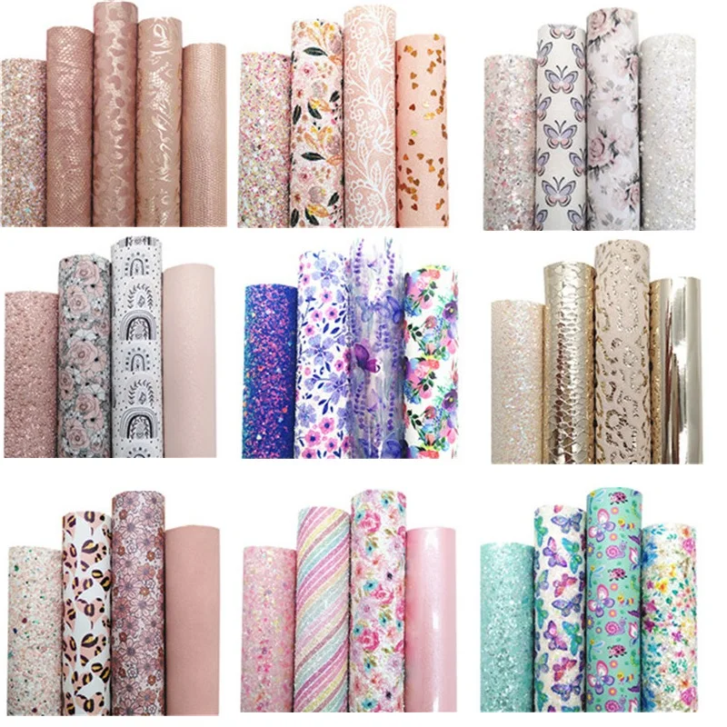 One Set Rose Gold Gold Chunky Glitter Leather Sheets Flowers Custom Glitter Fabric Butterflies Leather For Bows DIY 21x29CM