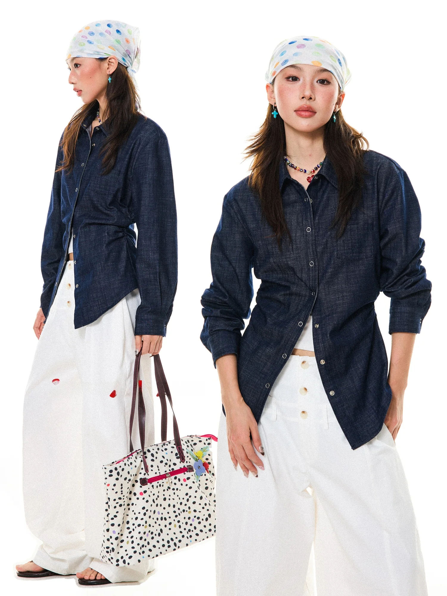 

Young Stage Vintage Texture Denim Long Sleeve Shirt Women Early Spring Casual Waist Cinching Slimming Top Casual Shirt