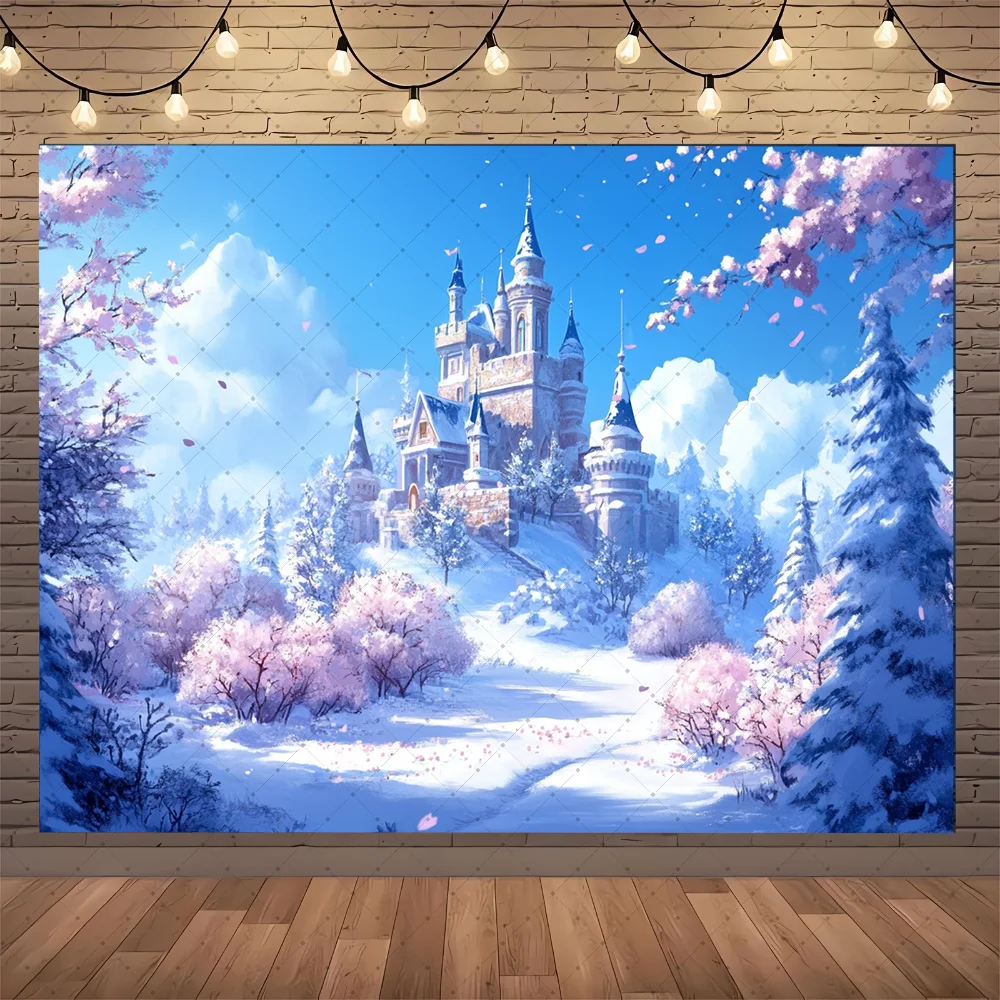 

Winter Baby Birthday Party Photography Background Custom Blue Snowflake Christmas Tree Frozen Wonderland Decoration Photo Props