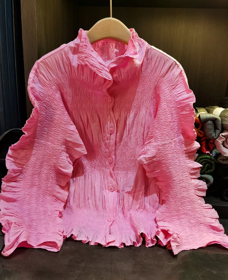 

Miyake fashion High-end solid color stand collar breathable pleated single-breasted long sleeve shirt HOT SELING