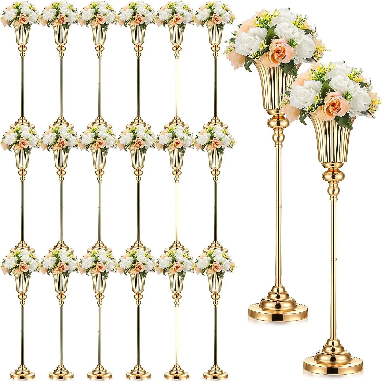 10 Stück 26,7 Zoll hohe goldene Blumenvasen für Hochzeitsdekoration, dekorativer Tischständer aus Metall in Trompetenform für Weihnachten – Detail 5