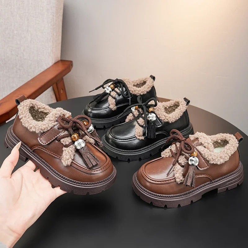 

Kids Casual Shoes British Style Children Leather Shoes Suede Warm Soft Sole 2025 Winter Girls Princess Shoes Round Toes Non-slip