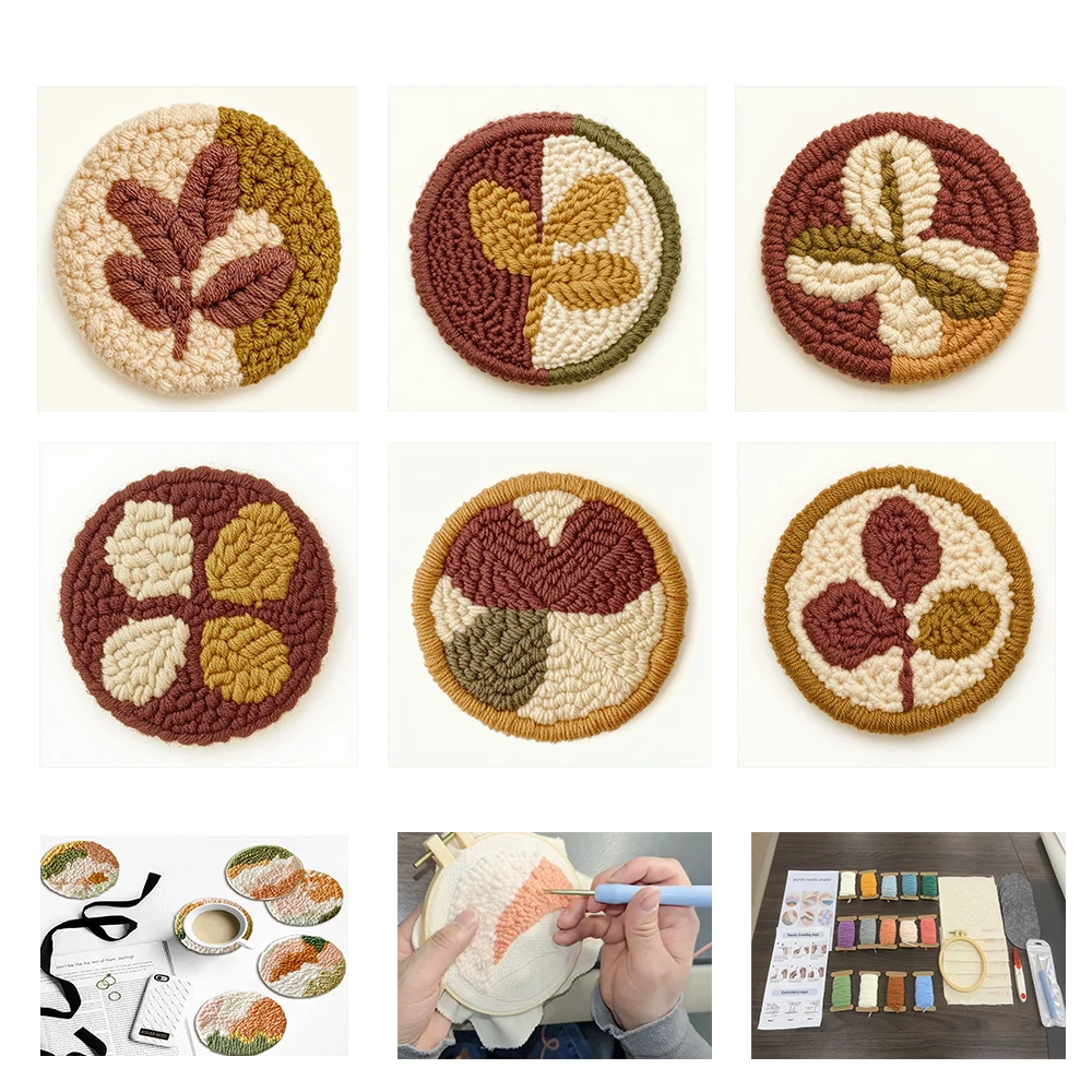 

Punch Needle Embroidery Coaster Kits Sewing Kit Flowers Pattern Needlework Cross Stitch Beginner Kits For Adult Funny Craft