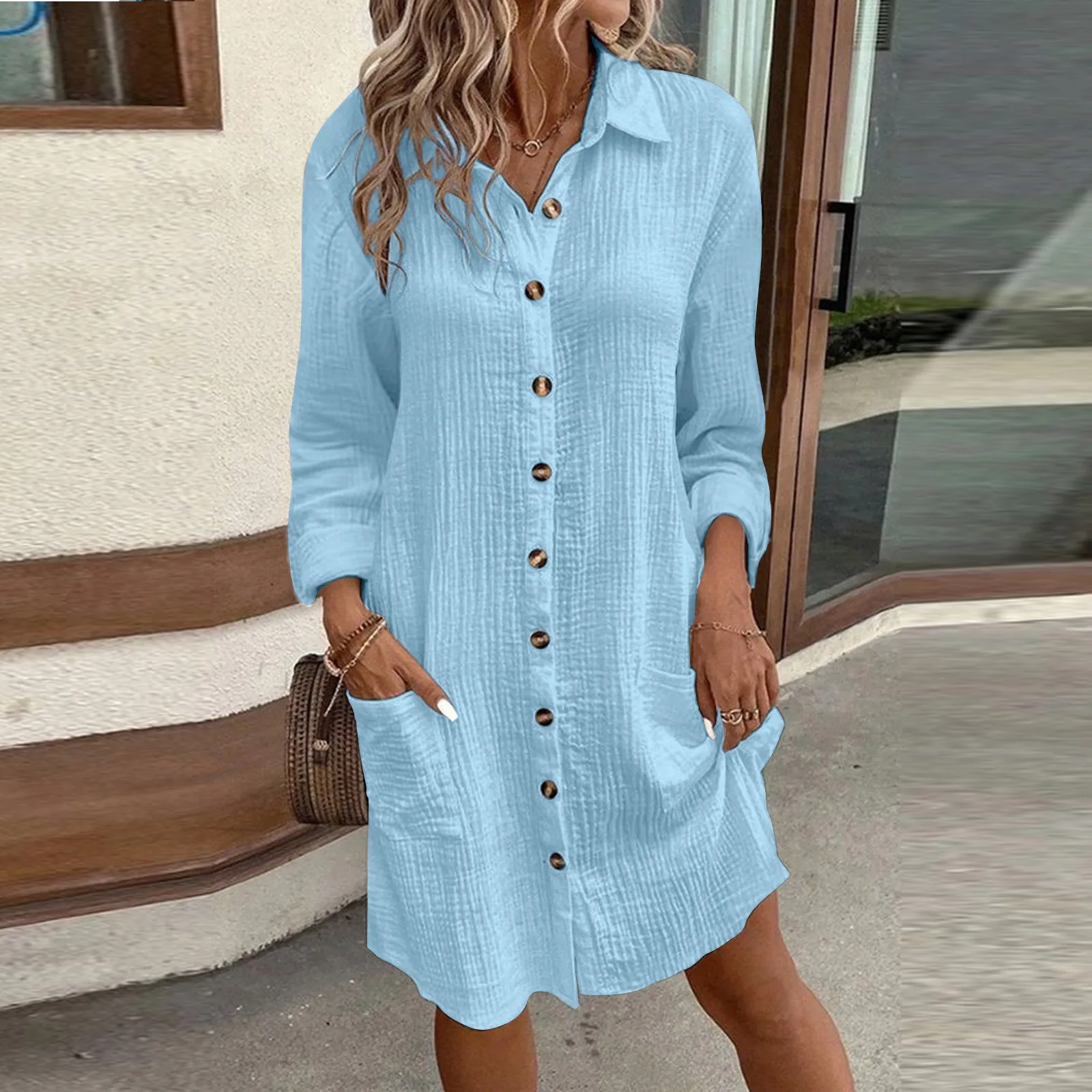 

Women'S Autumn/Winter Casual Solid Color Long Dress Mid Length Long Sleeved Shirt Dress Cotton And Linen Buttoned Streetwear