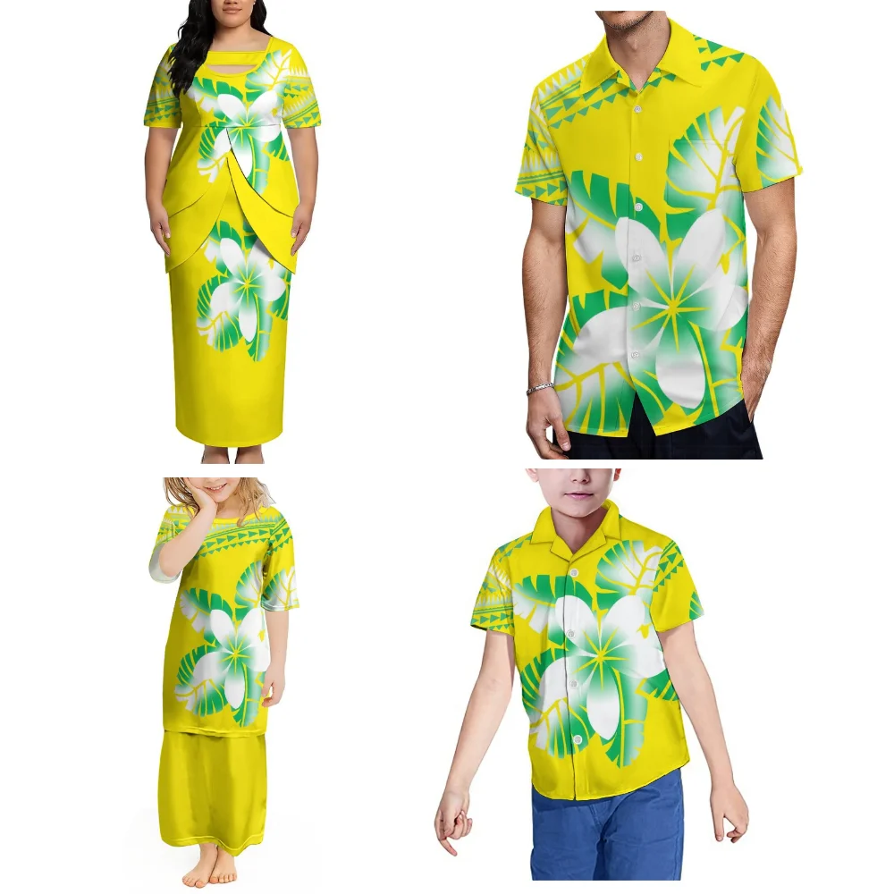 Conjunto Familiar Personalizado Samoa Party: Vestido Puletasi Feminino e Camisa Masculina, Roupas Infantis (Meninas e Meninos) com Estampas Florais