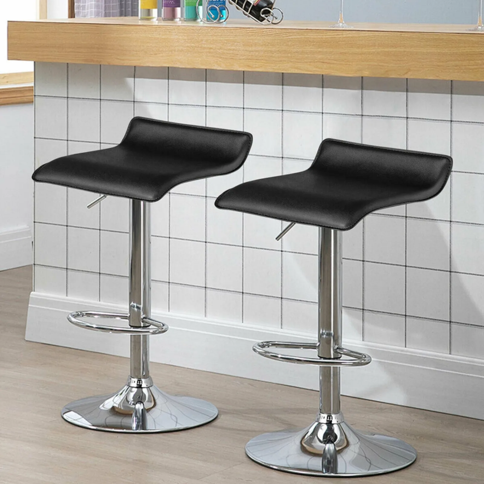 

US Set of 2 Swivel Bar Stool PU Leather Adjustable Kitchen Counter Bar Chairs Black