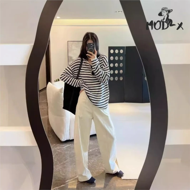 MODX Minimalist And Paper Yarn Knit Sweater Women's Loose Slimming Boat Neck Striped Long Sleeve Sweater Top Hot New