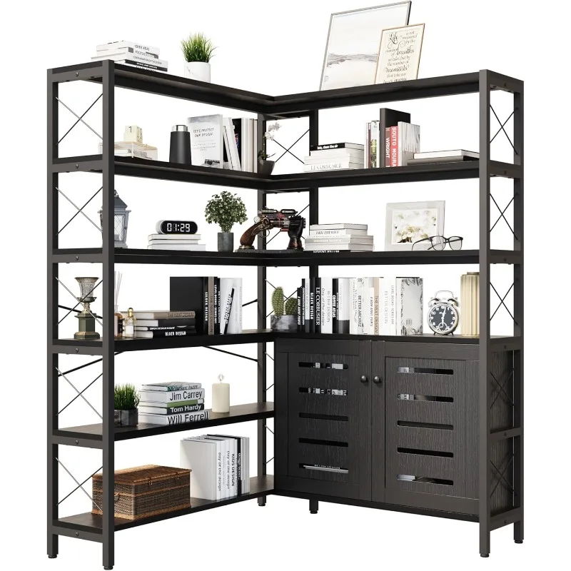 Corner Bookshelves and Bookcases Industrial Corner Etagere Bookcase L Shaped Shelf 6 Tiers with Metal Frame