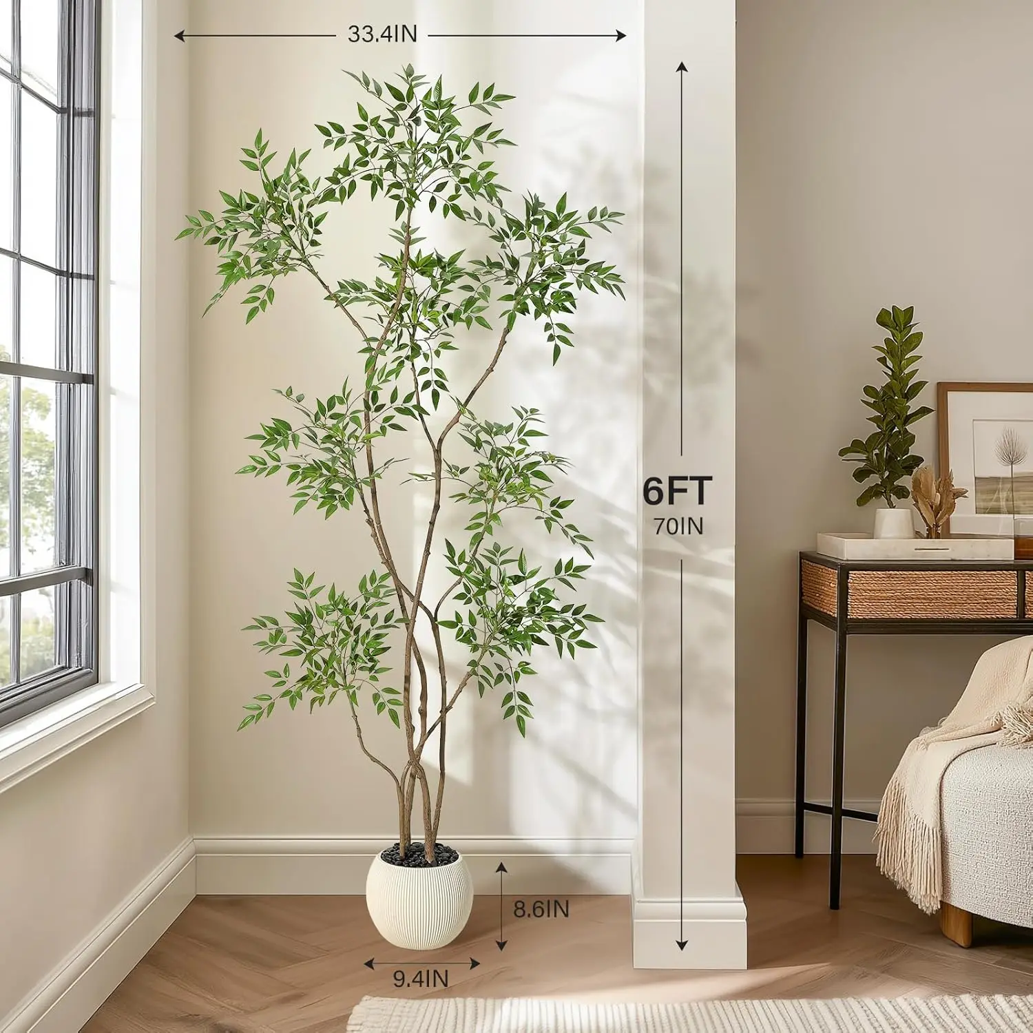 Kunstbomen Faux Plant in potten met levensechte bladeren, grote nep Nandina-boom voor thuiskantoor binnen buiten balkon decor