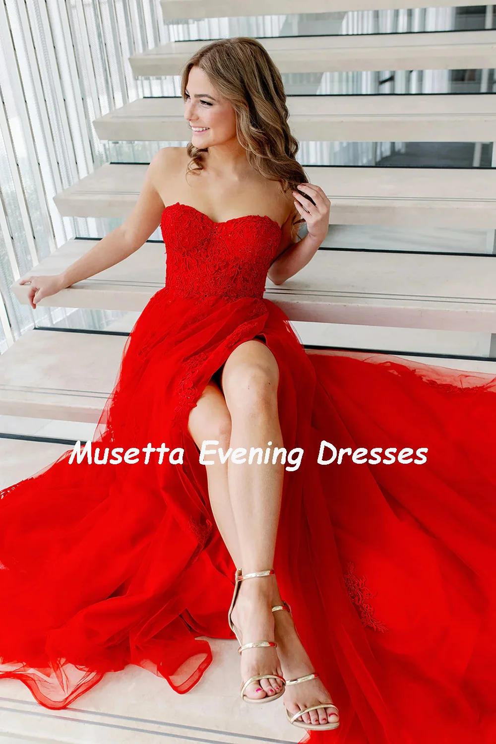 Musetta Lace Embellished Bodice Red Formal Evening Dresses Pleat High Split Prom Dress Backless Wedding Party Gown Customized