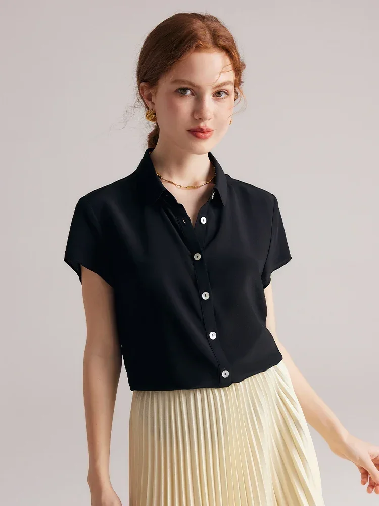 SuyaDream Woman Solid Shirts 100%Mulberry Silk Short Sleeves Single Breasted Chic Blouses 2023 Spring Summer Office Lady Top