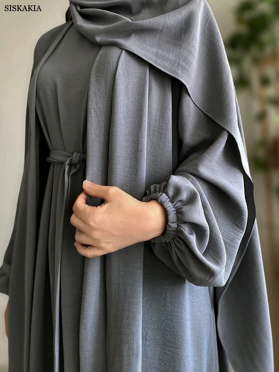 Siskakia Muslim Women Sets With Hijab Belted Open Kimono And Sleeveless Under Dress Jalabiyat Ramadan Eid 2024 Kuwaiti Outfits