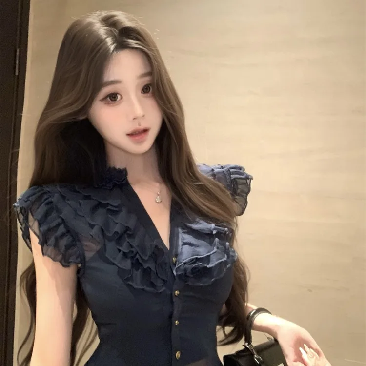 

Ele Svel Chiffon Top Women's Faionable Design Summer 2025 Slimming Wood ain ort Length Color