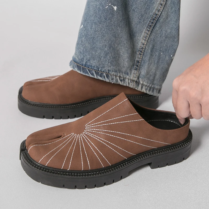 

Мужские винтажные мюли с открытым носком на массивном каблуке, кожаные туфли-лоферы на толстом каблуке, повседневные полузакрытые шлепанцы # Роскошное вождение