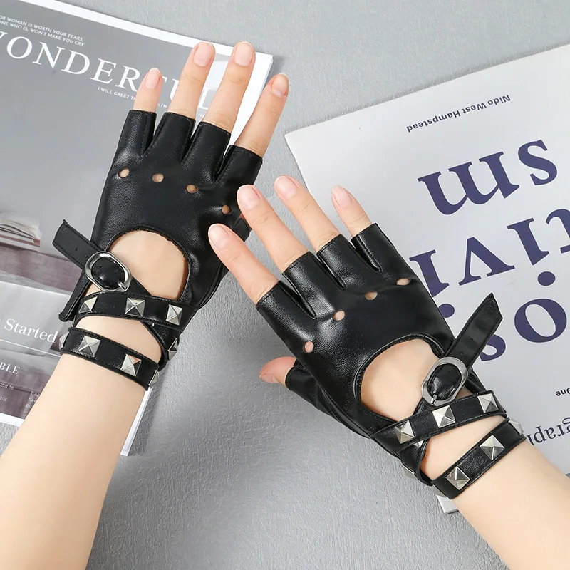 Unisex Fingerlose Fahrerhandschuhe aus PU-Leder Coole Nieten-Handschuhe Sexy Disco-Tanz Rock-and-Roll Schwarz Rot Weiß Punk-Handschuhe – Detail 7