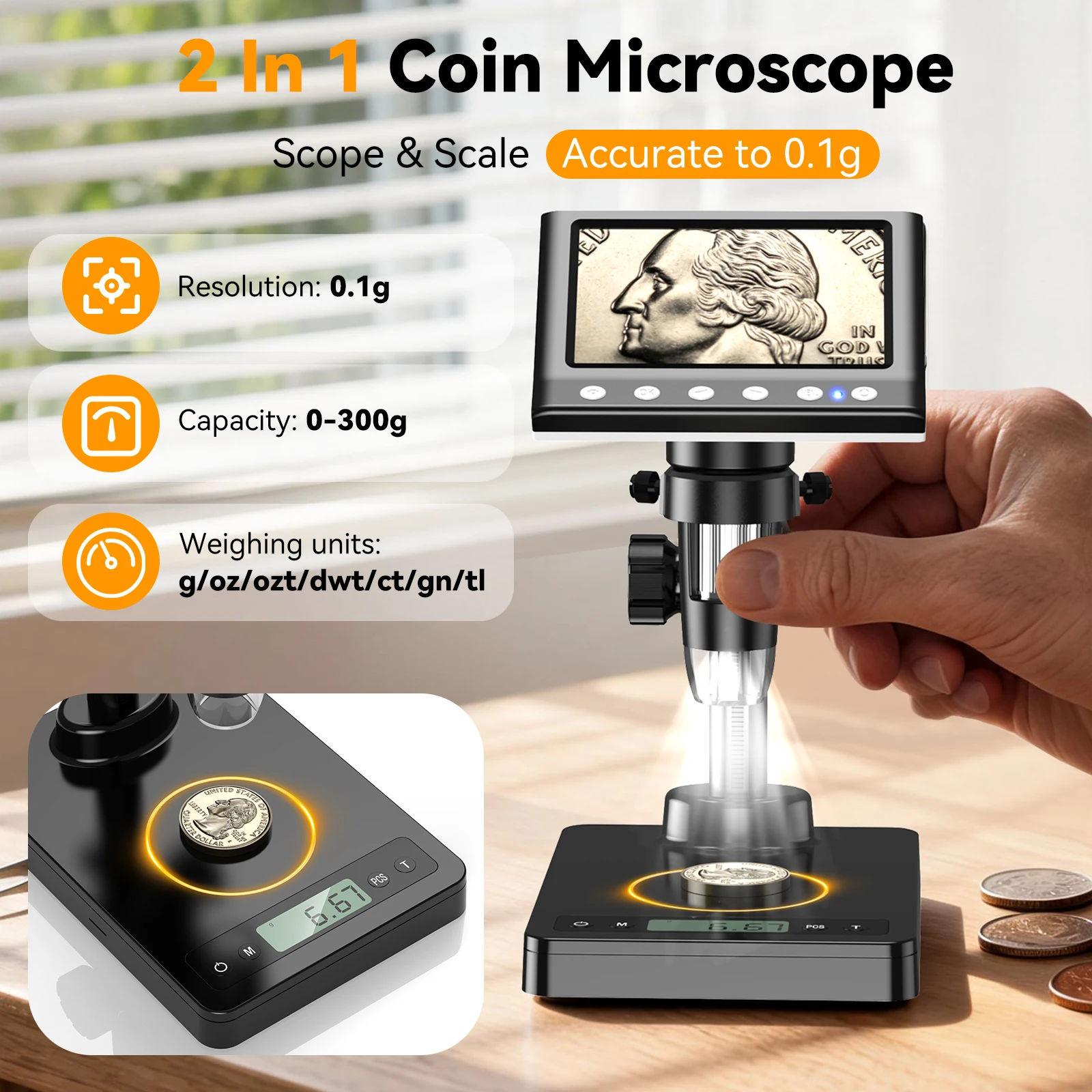 4.3inch Portable Digital Microscope with Weighing Scale & 8 LED lights for Coin Error Checking, PCB Repair, and Hobbyist Use