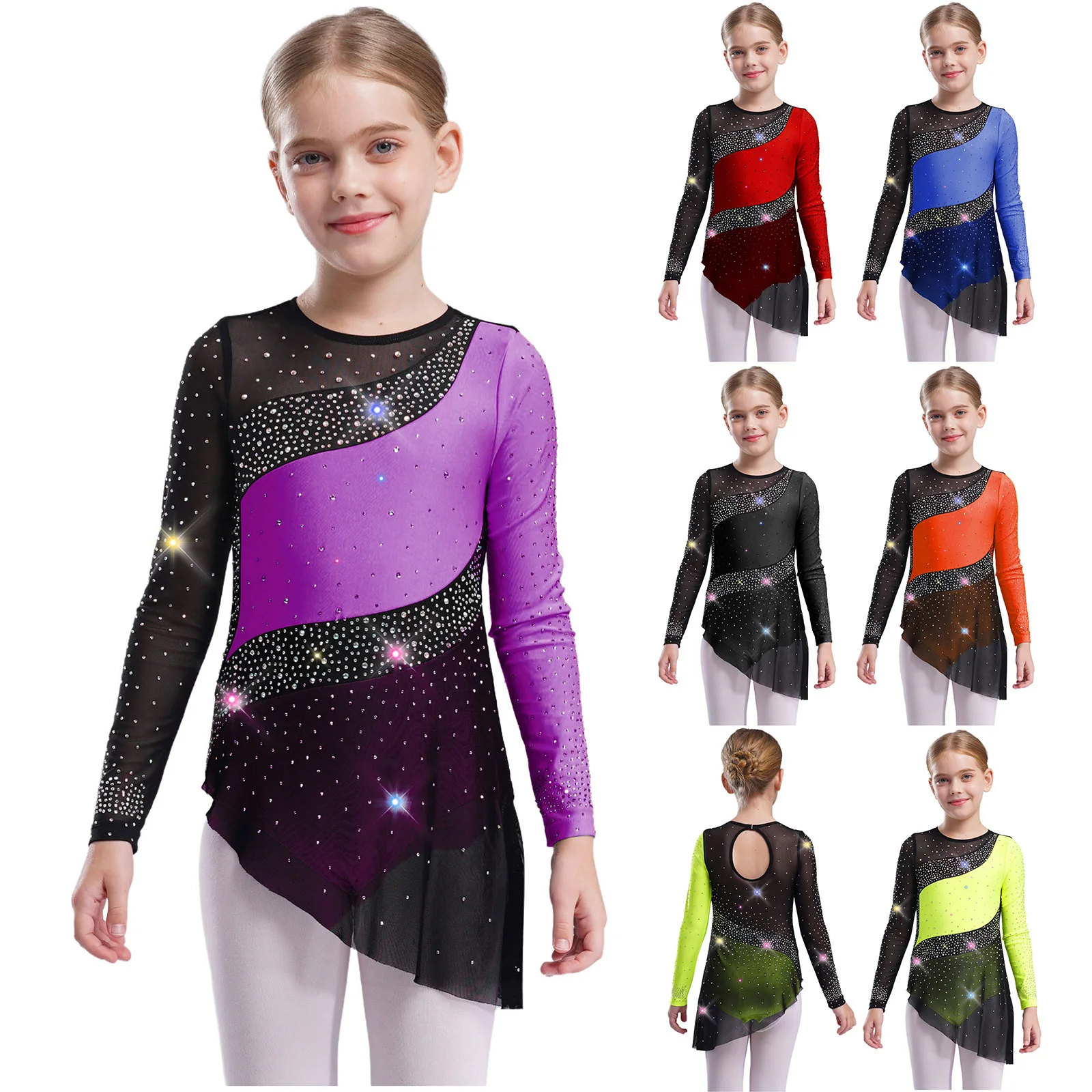 Body da pattinaggio di figura per ragazze, ginnastica ritmica, balletto, danza, costume, manica lunga, maglia trasparente, strass, abbigliamento da ballo lirico