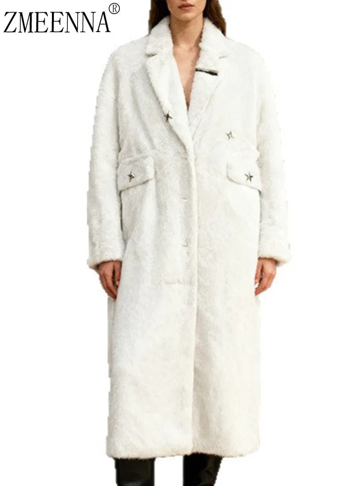 معطف نسائي طويل من ZMEENNA معطف كبير الحجم ذو طية صدر واسعة وجيوب ببرشام على شكل نجمة وشتاء أبيض ZM4505