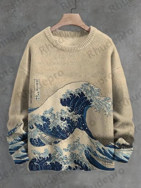 Men's Whale And Fish Linoleum Art Print Knit Sweatshirt Pullover Sweater Women For Men Sweater Roupas Masculinas - view 6