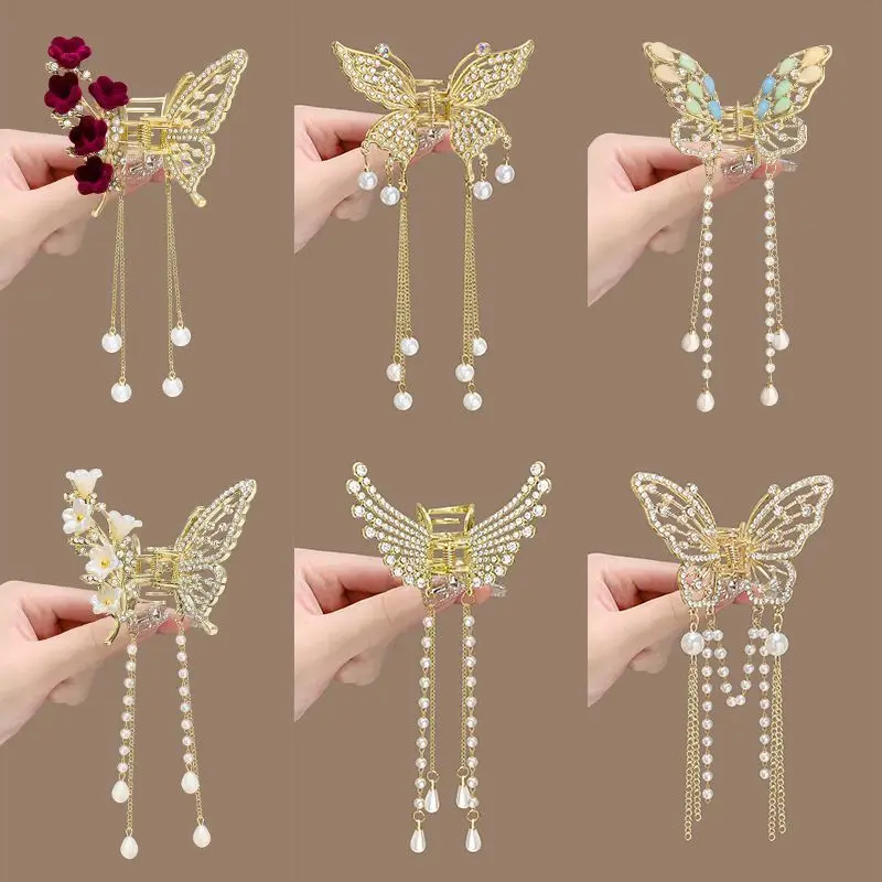 

Female 2025 New Headwear Fashion Alloy Butterfly Tassels Pearls Women Girls Spring Hair Claw Trendy Hair Clip Hairpins