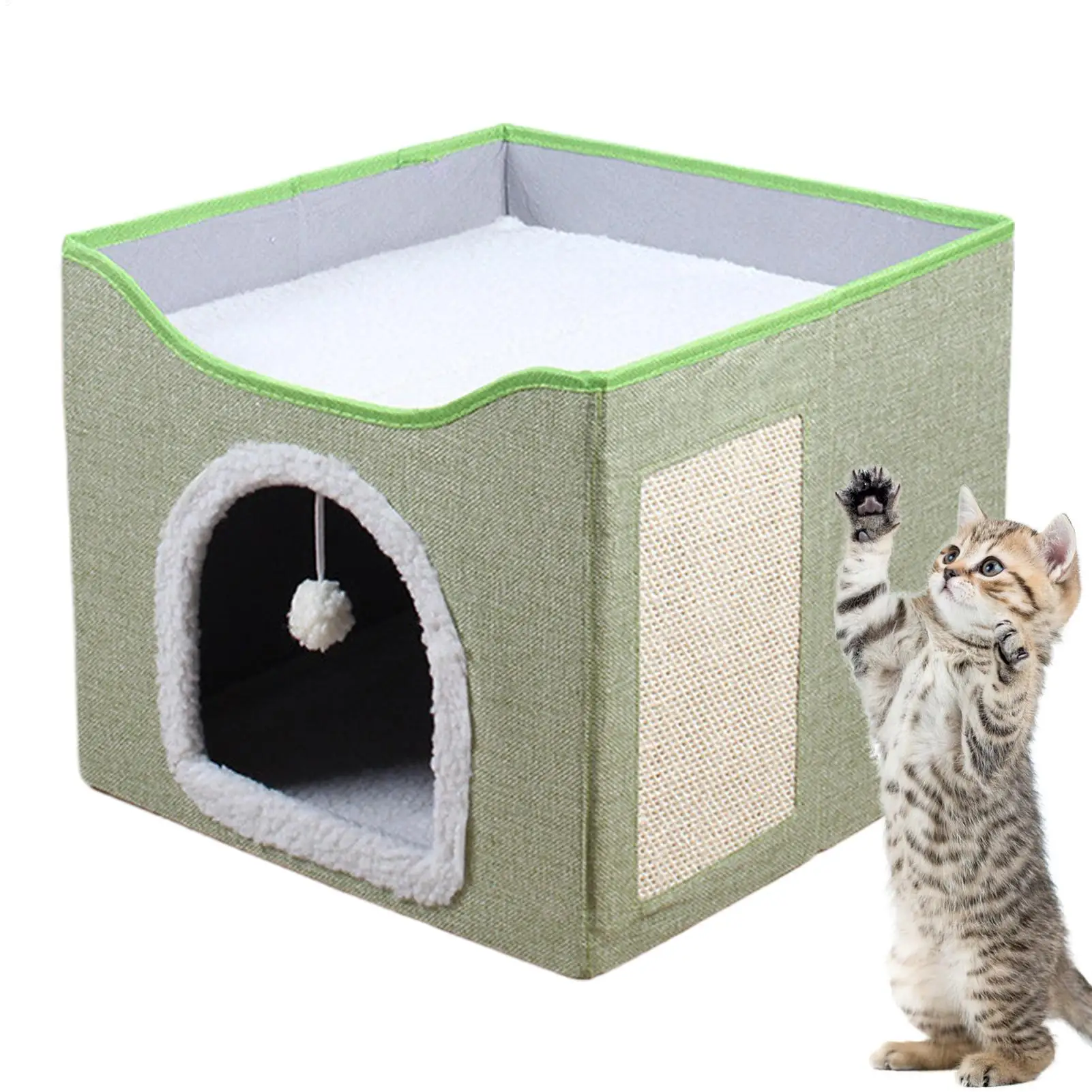 

Cat House Bed Cave Foldable Cave Kitten House Cat Bed Sleeping Condo Cute Sleeping Tent Cube House With Plush Ball & Scratch Pad