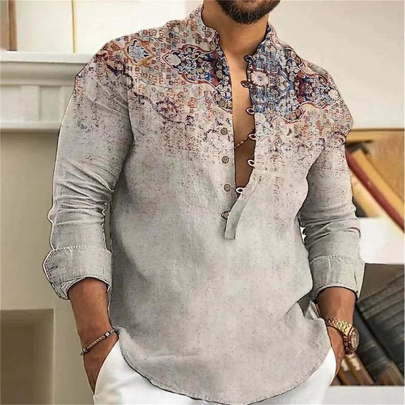 

Fashionable 7 Button Men's Long Sleeve Shirt Button Down Shirt Loose Henley V Neck Beach Top T-Shirt High Quality Material