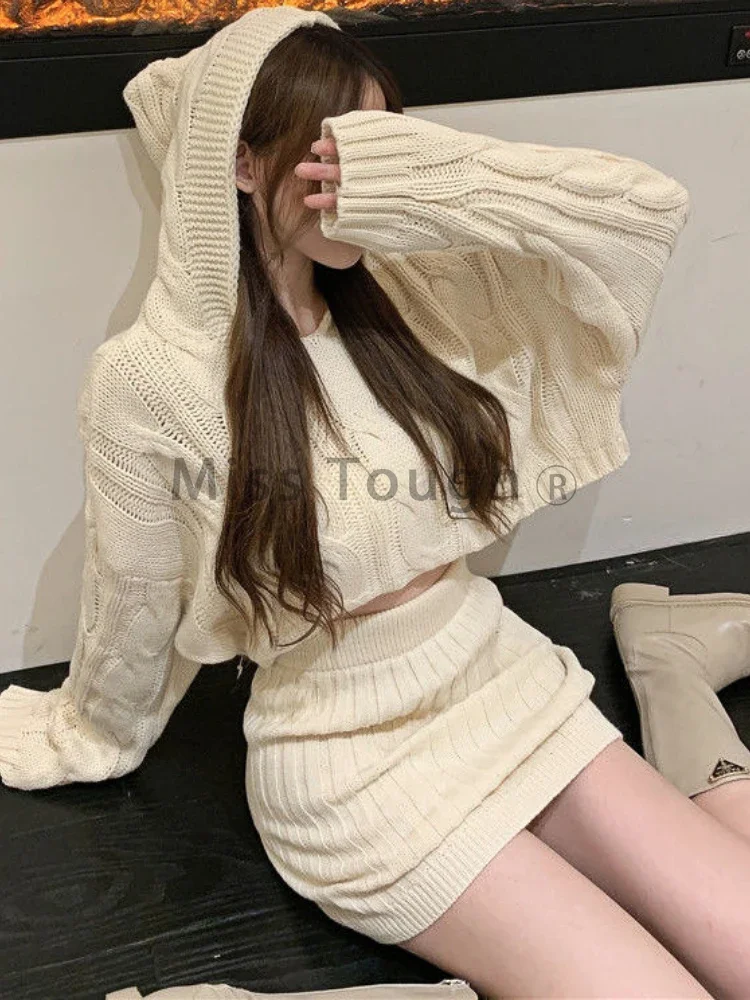 Beige Sweater Two Piece Set Women Korean Elegant Party Mini Skirt Set Female Casual Designer Knitted Skirt Suit 2023 Autumn New