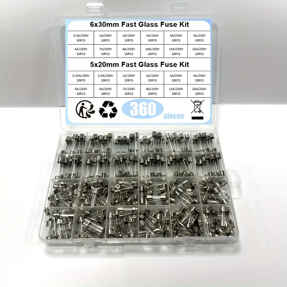 

360pcs Glass Fuse Assortment Kit with 24 Values - 250V 0.5A-25A, 5x20mm & 6x30mm Diameter, Automotive Electrical Fuses for Cars