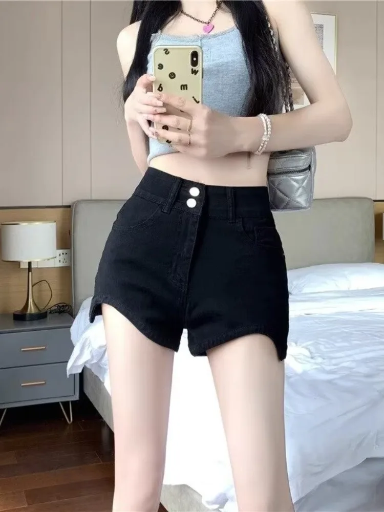 

plus Size High Waist Bla Denim orts Women Summer 2025 New Sle Casual Asymmetrical Slimming Wide Leg Pants Hot orts