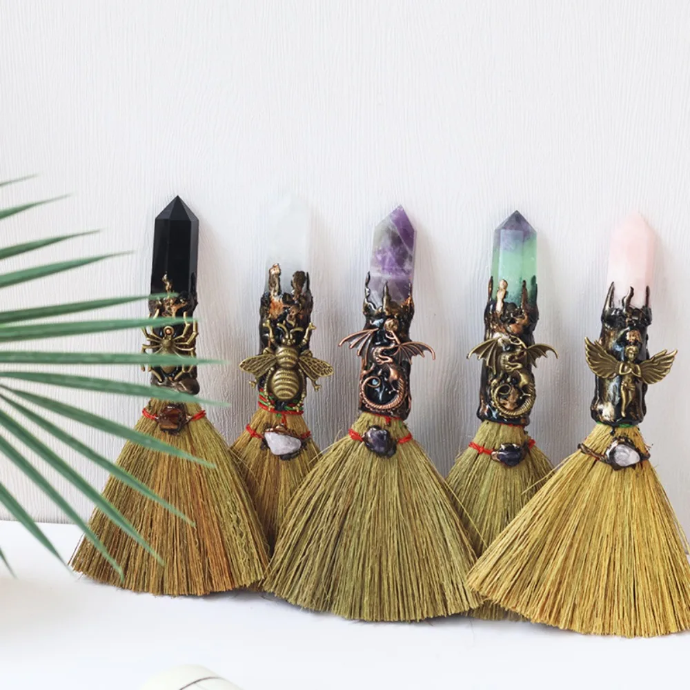 Exquisite Natural Crystal Column Point Stone Broom Handmade Mini Witch Broom Ornaments Rough Stone Broom Craft Psychic