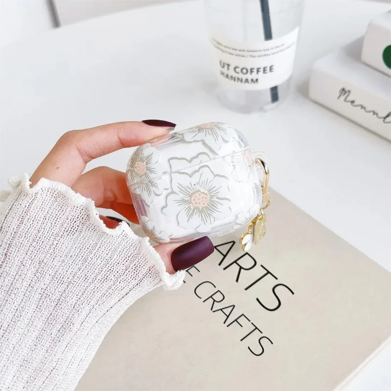 الوردي والأبيض الزهور غطاء ل AirPods Pro 2 3 لطيف بريق زهرة قلادة حقيبة سماعة الاذن ل أبل AirPodPro سماعة كيرينغ